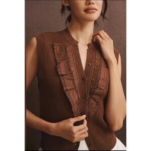 NWT Maeve Anthropologie Brown Cotton Ruffled Collar Sweater Vest XS